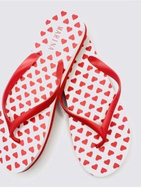 🌸. MARINA White Flip Flops with Red Heart Print and Red Straps